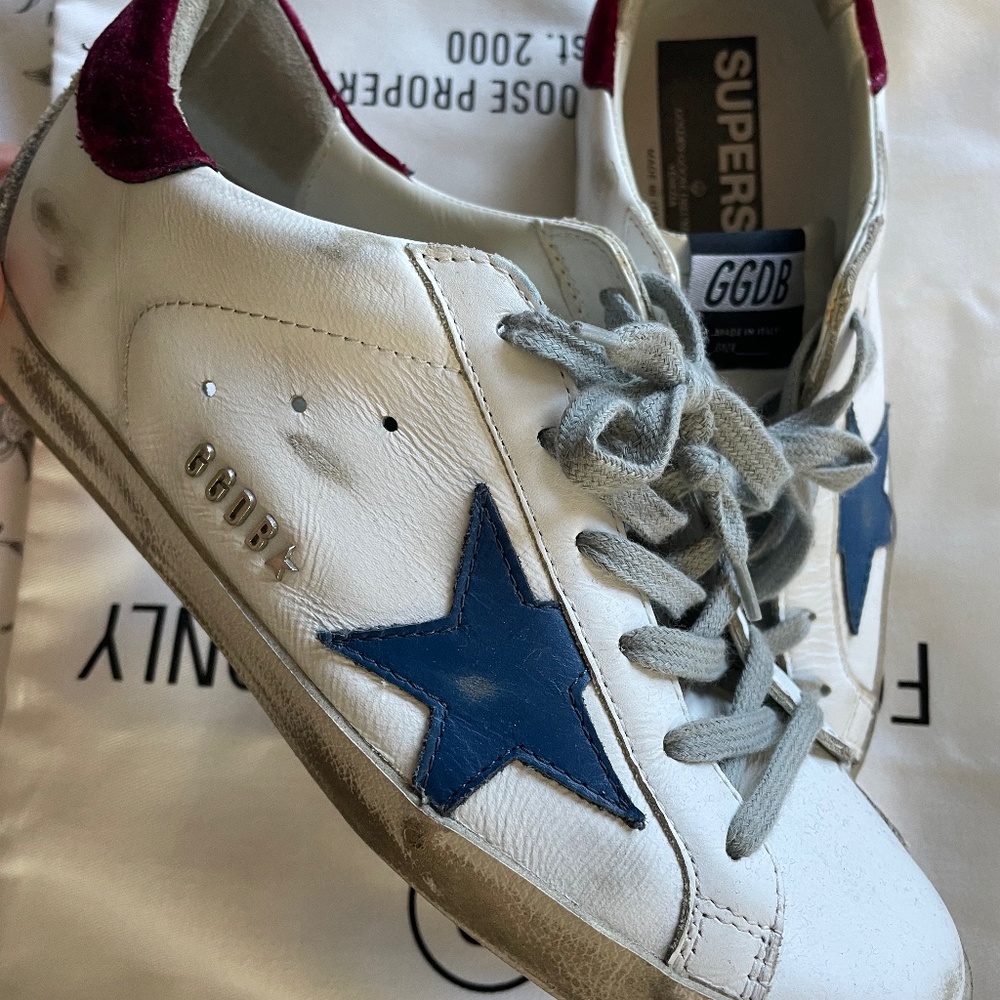 Golden Goose Superstar Sneakers with Navy Blue Star and Burgundy Heel Tab